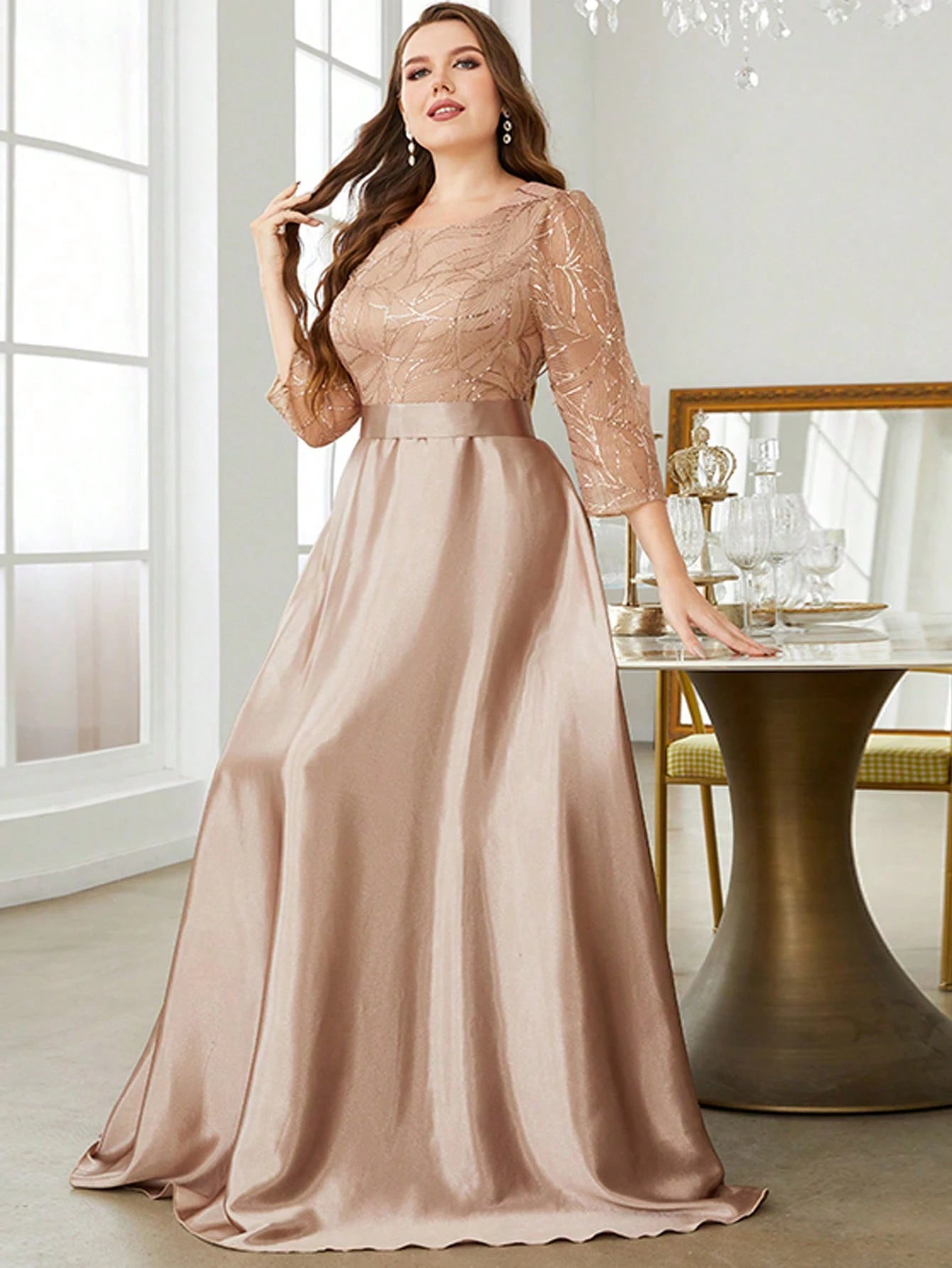 Elegant Lace and Satin Gown with Three-Quarter Sleeves