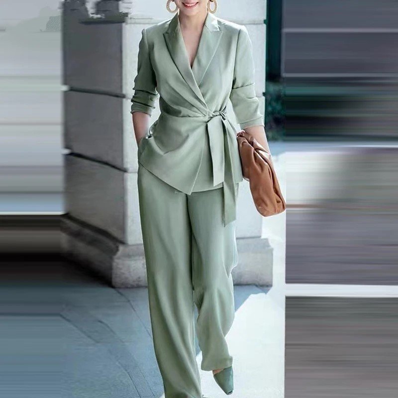 Stylish Blazer with Belted Waist and Wide-Leg Pants