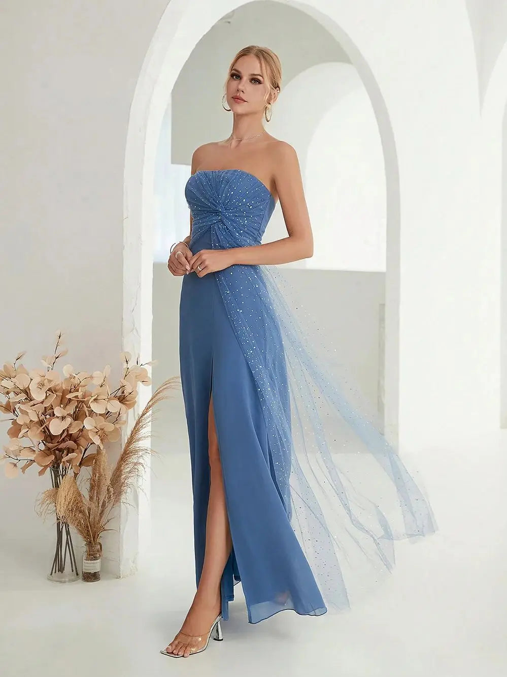 Enchanting Strapless Blue Gown with Embellished Overlay