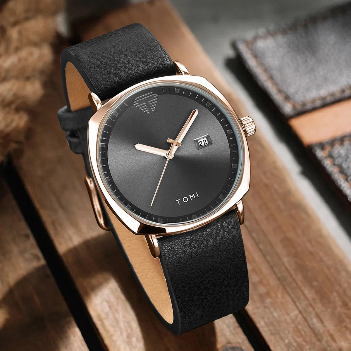Sleek Square Dial Watch with Brown Leather Strap