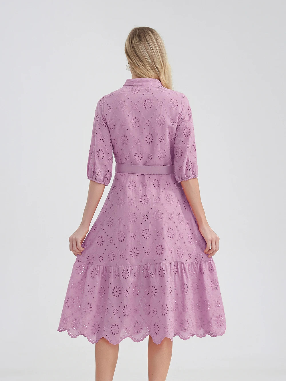 Elegant Pink Eyelet Dress with Belted Waist
