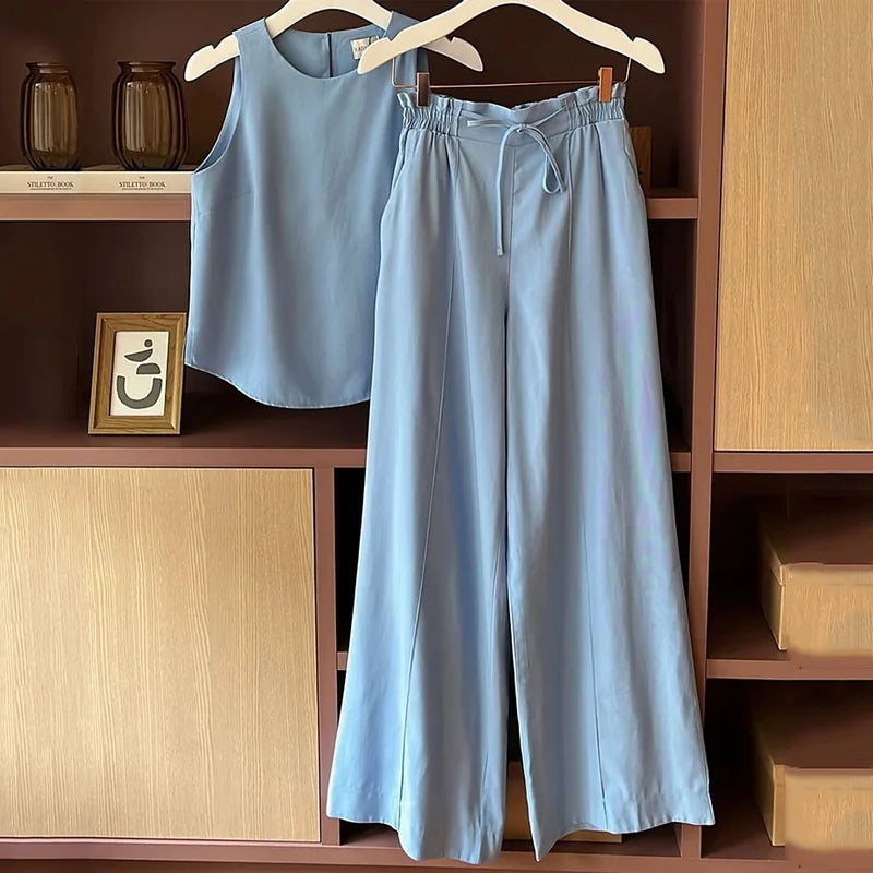 Elegant Solid Sleeveless Round Neck Pullover Top Loose Lace Up Pants