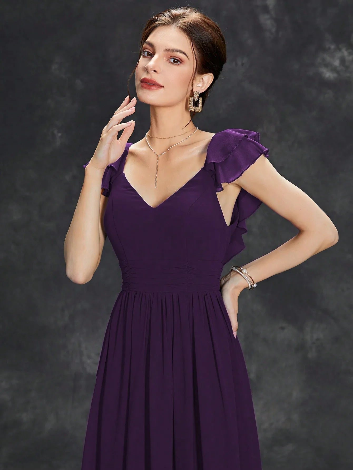 Elegant Deep Blue V-Neck Gown with Flutter Sleeves