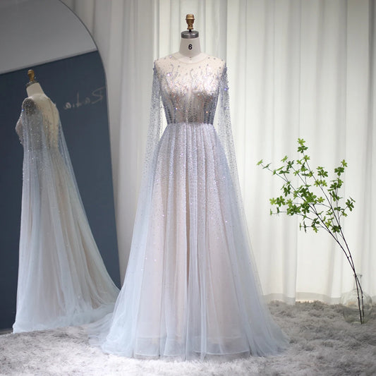 فستان سهرة فخم بكاب تل مطرز بالخرز اللامع