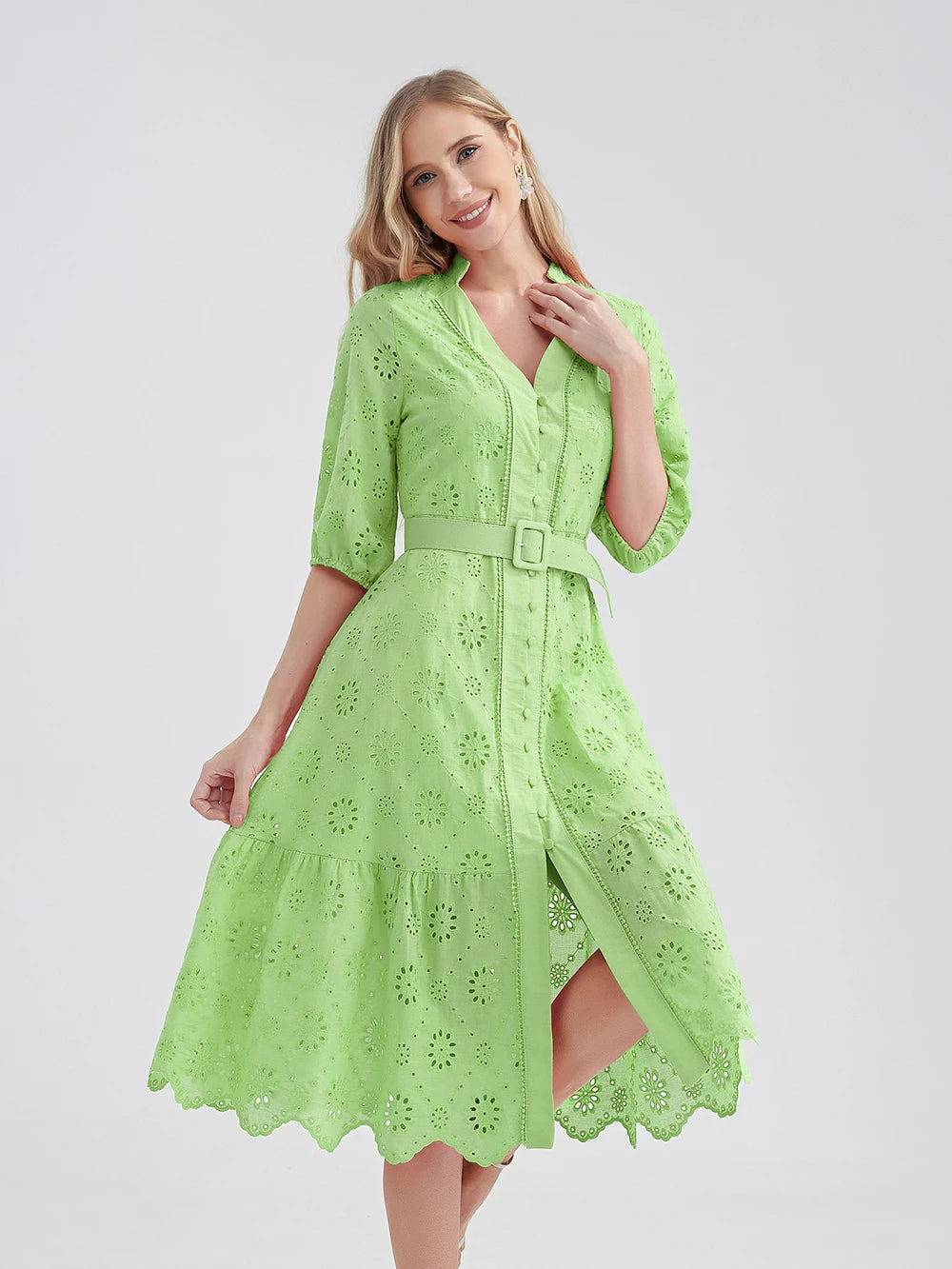 Elegant Pink Eyelet Dress with Belted Waist