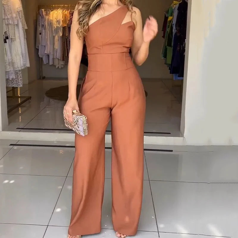 One Shoulder Hollow Out Sleeveless Solid Nipped Waist Loose Pantse