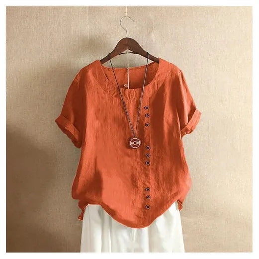Women's Casual Summer Cotton Linen Loose Fit Blouse with Short Sleeves