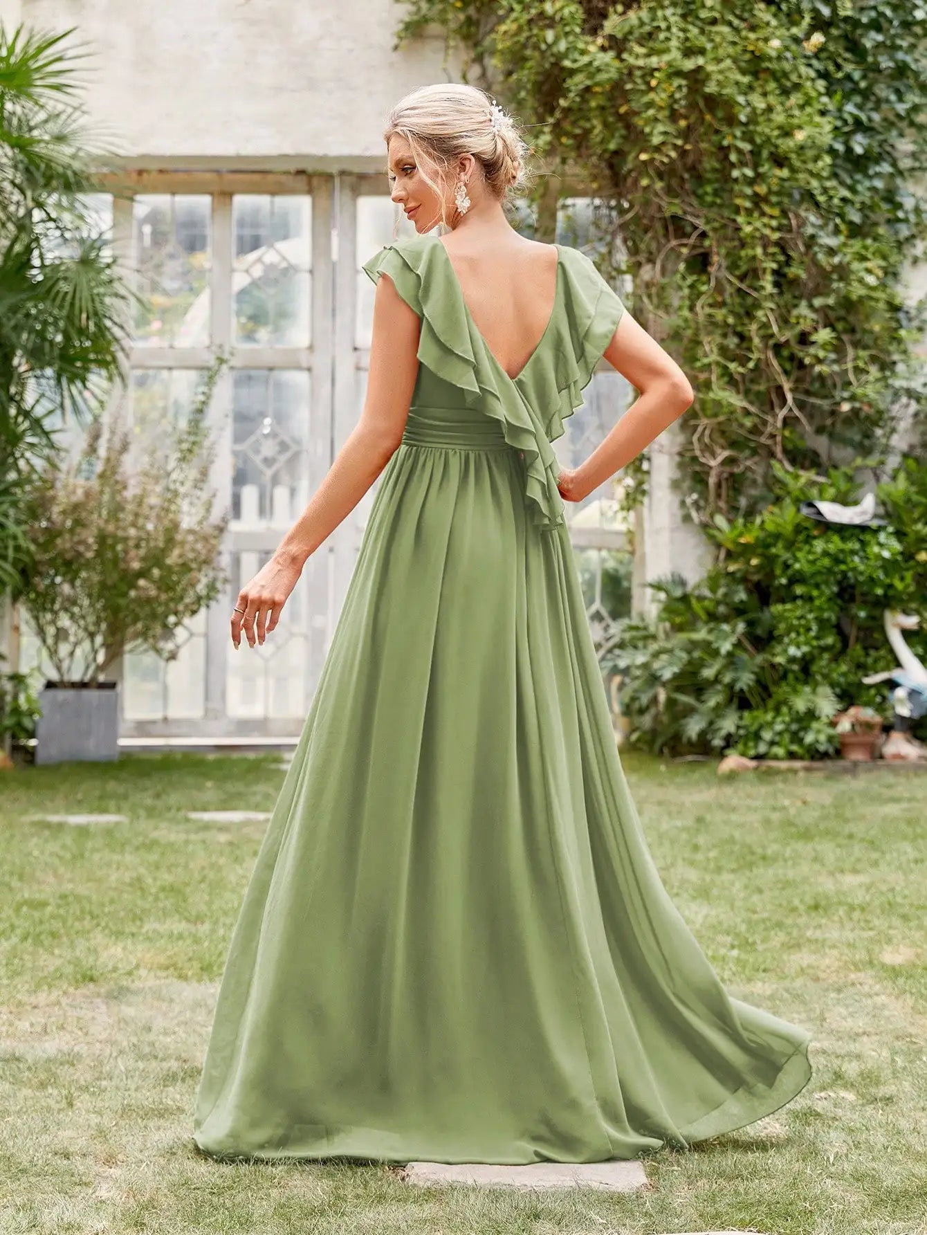 Elegant Deep Blue V-Neck Gown with Flutter Sleeves