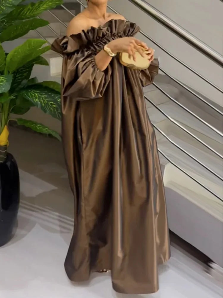Off-Shoulder Brown Puff Sleeve Dress