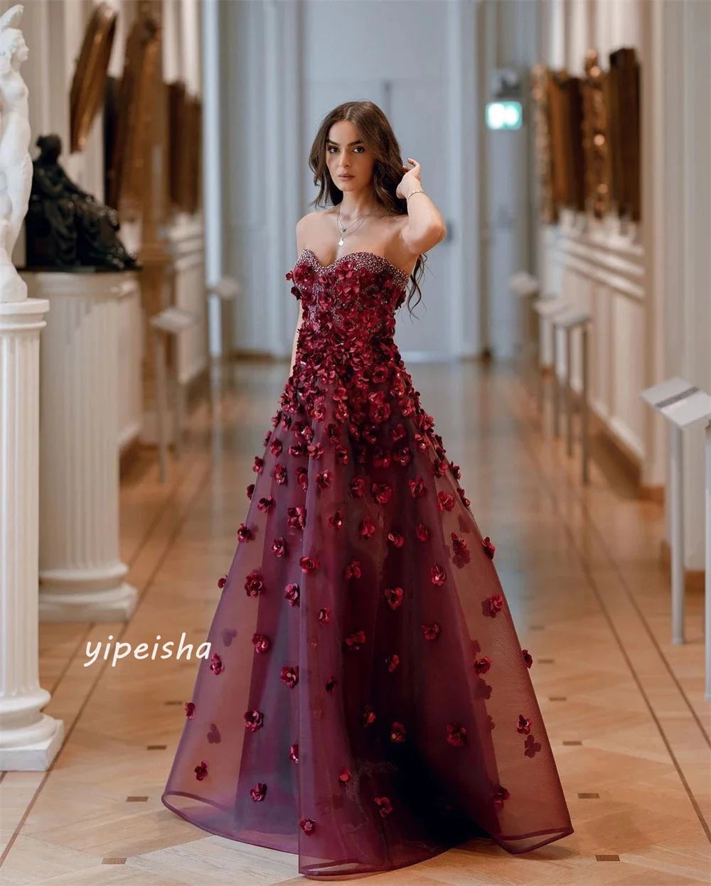 Beautiful Burgundy Dressadorned with Floral Embellishments