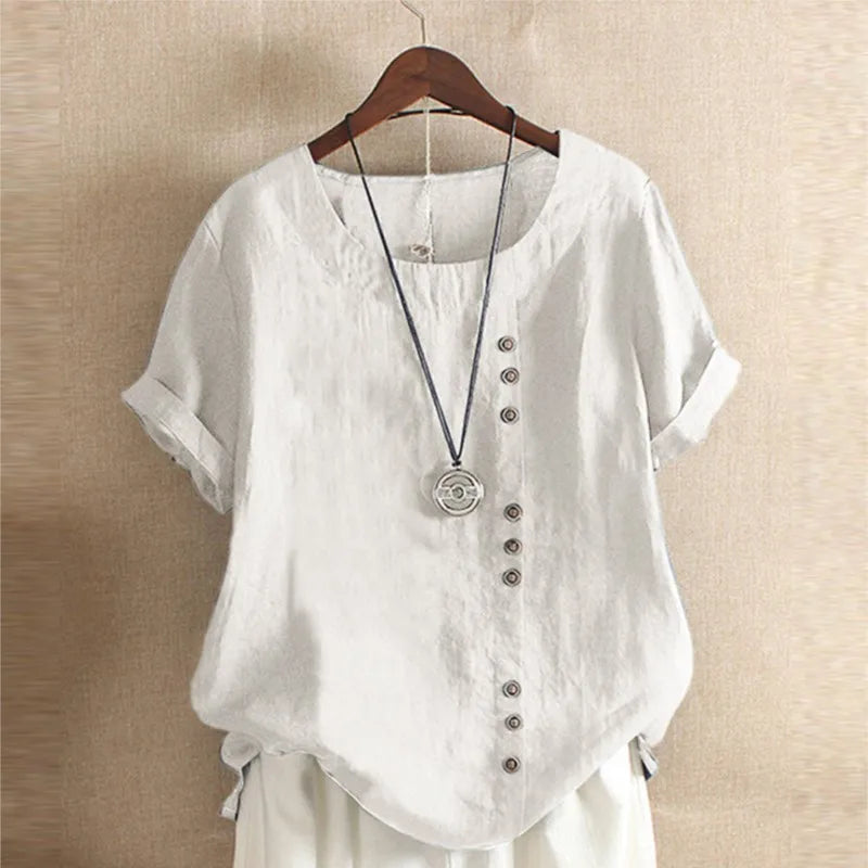 Women's Casual Summer Cotton Linen Loose Fit Blouse with Short Sleeves
