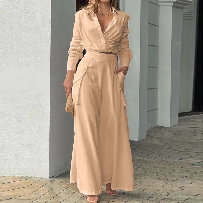 Women Blouse Pants Sets Crop Top Two Pieces Sets