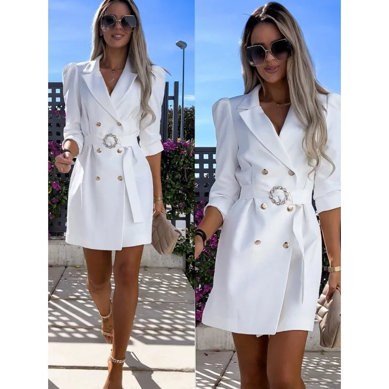 Suit Jacket Dress With Double Breasted Buttons And Belt V-neck