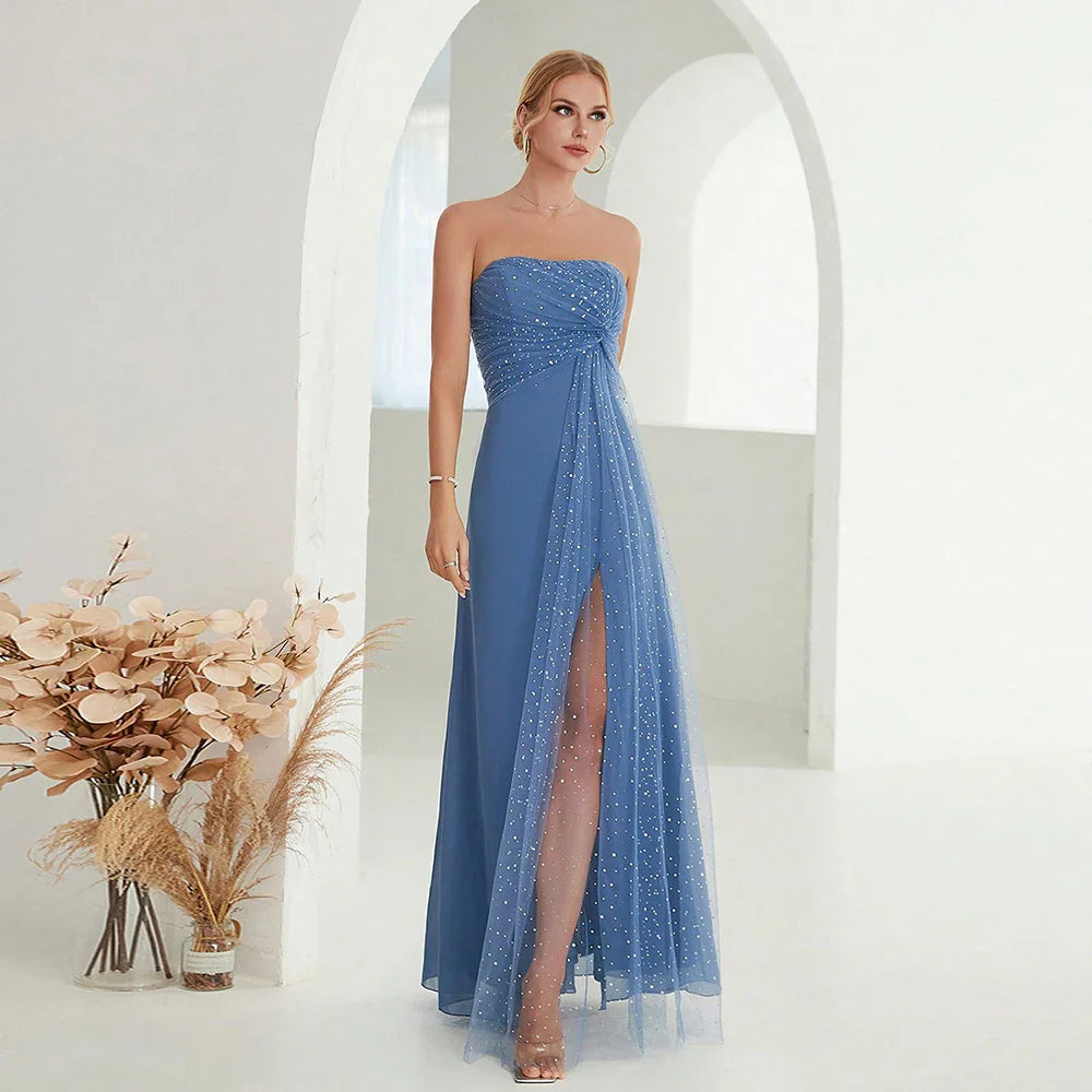 Enchanting Strapless Blue Gown with Embellished Overlay