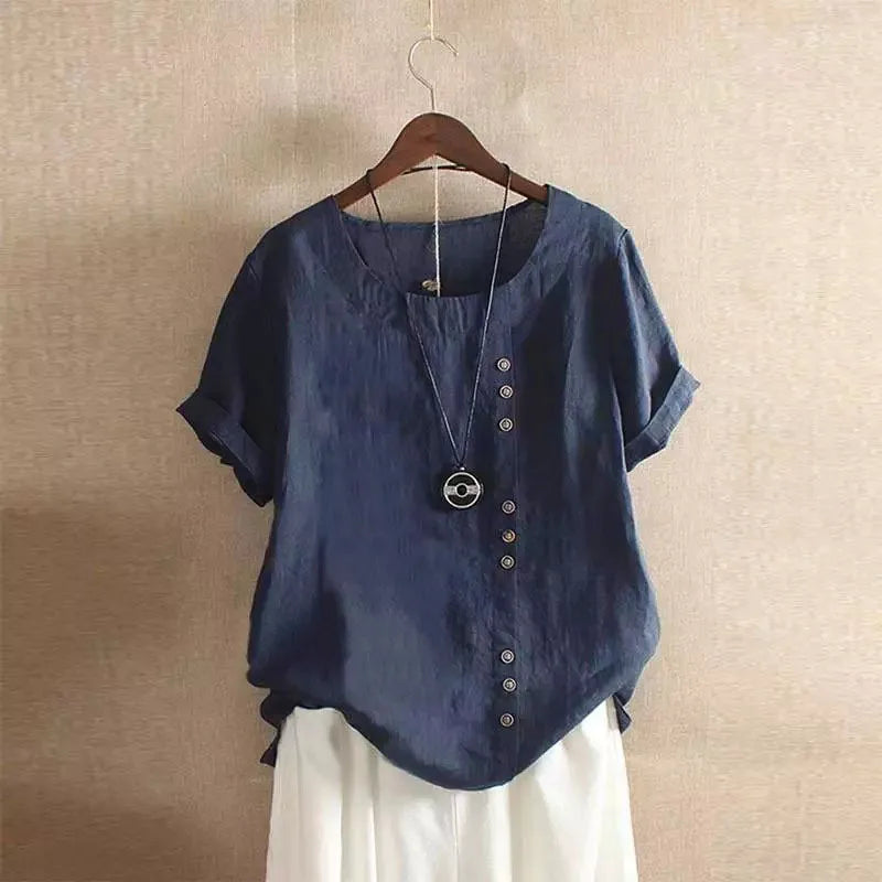 Women's Casual Summer Cotton Linen Loose Fit Blouse with Short Sleeves