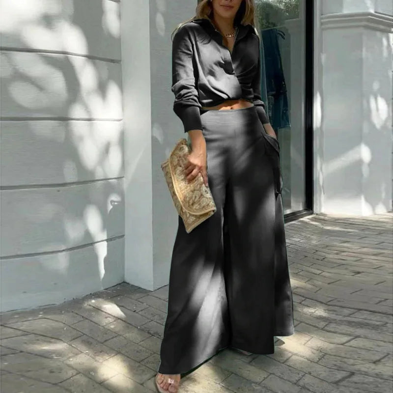 Women Blouse Pants Sets Crop Top Two Pieces Sets