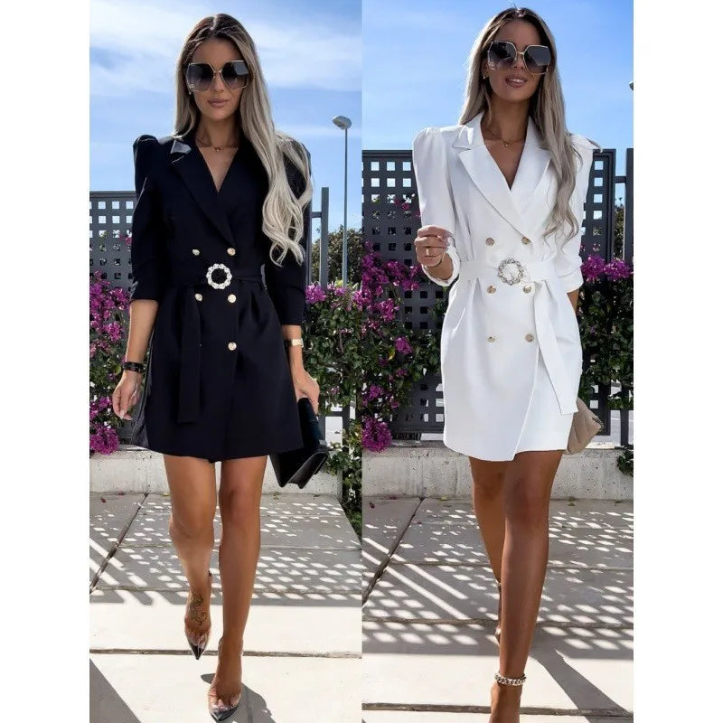 Suit Jacket Dress With Double Breasted Buttons And Belt V-neck