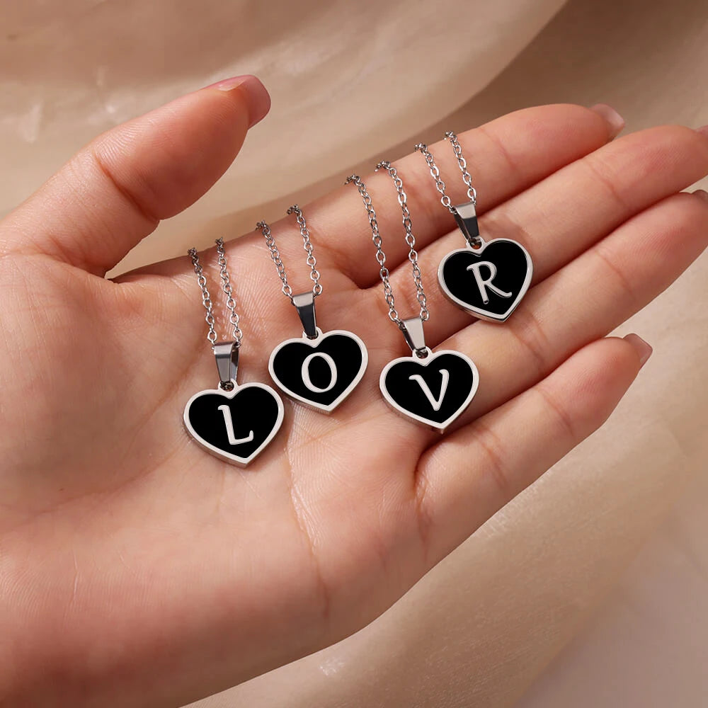 Vintage Black Heart Initial Letter Necklace