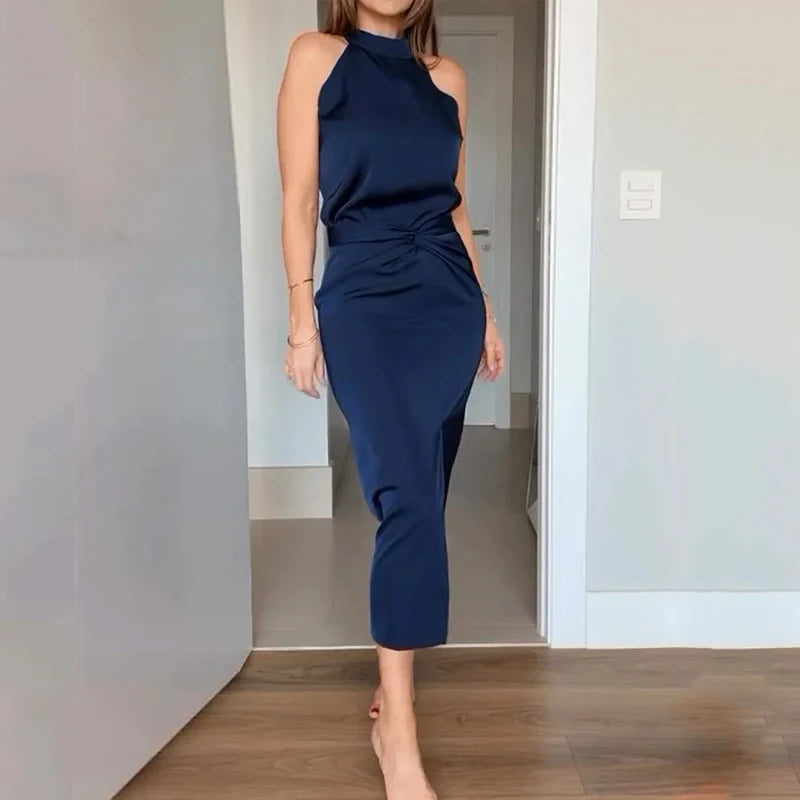 Top A Line Twisted Pleated Slit Slim Long Skirts Set