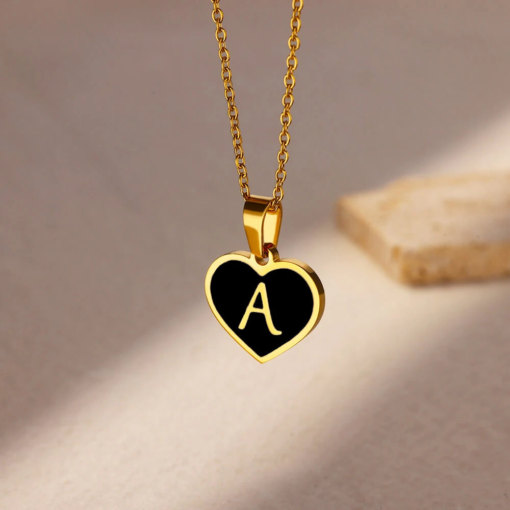 Vintage Black Heart Initial Letter Necklace