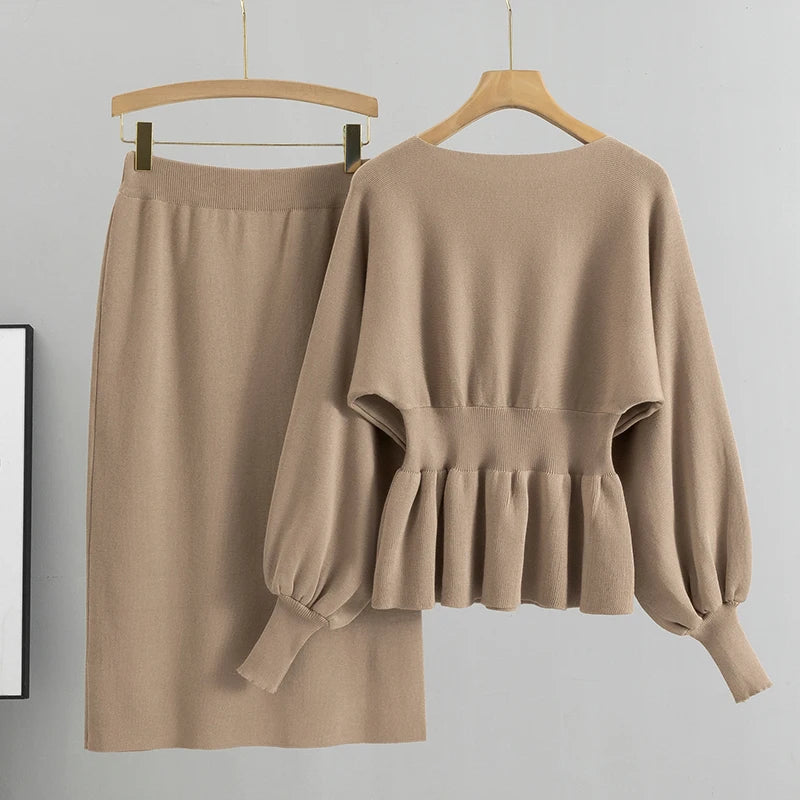 Elegant Minimalism: Beige Peplum Top and Pencil Skirt Set