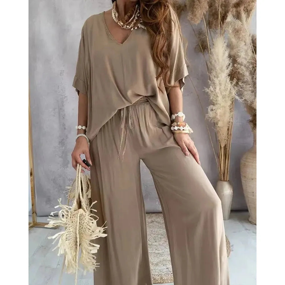 V neck Bat Sleeve Casual Loose Wide-leg Pants 2 piece