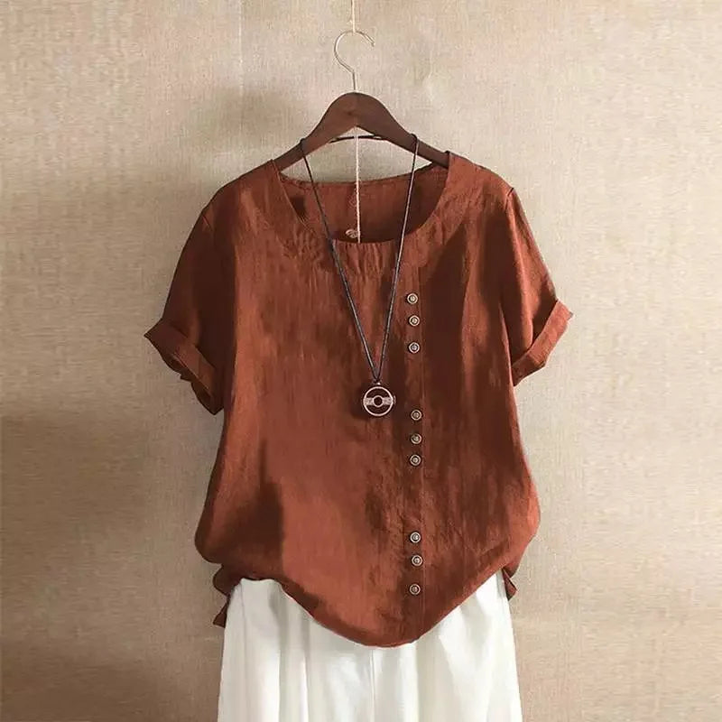 Women's Casual Summer Cotton Linen Loose Fit Blouse with Short Sleeves