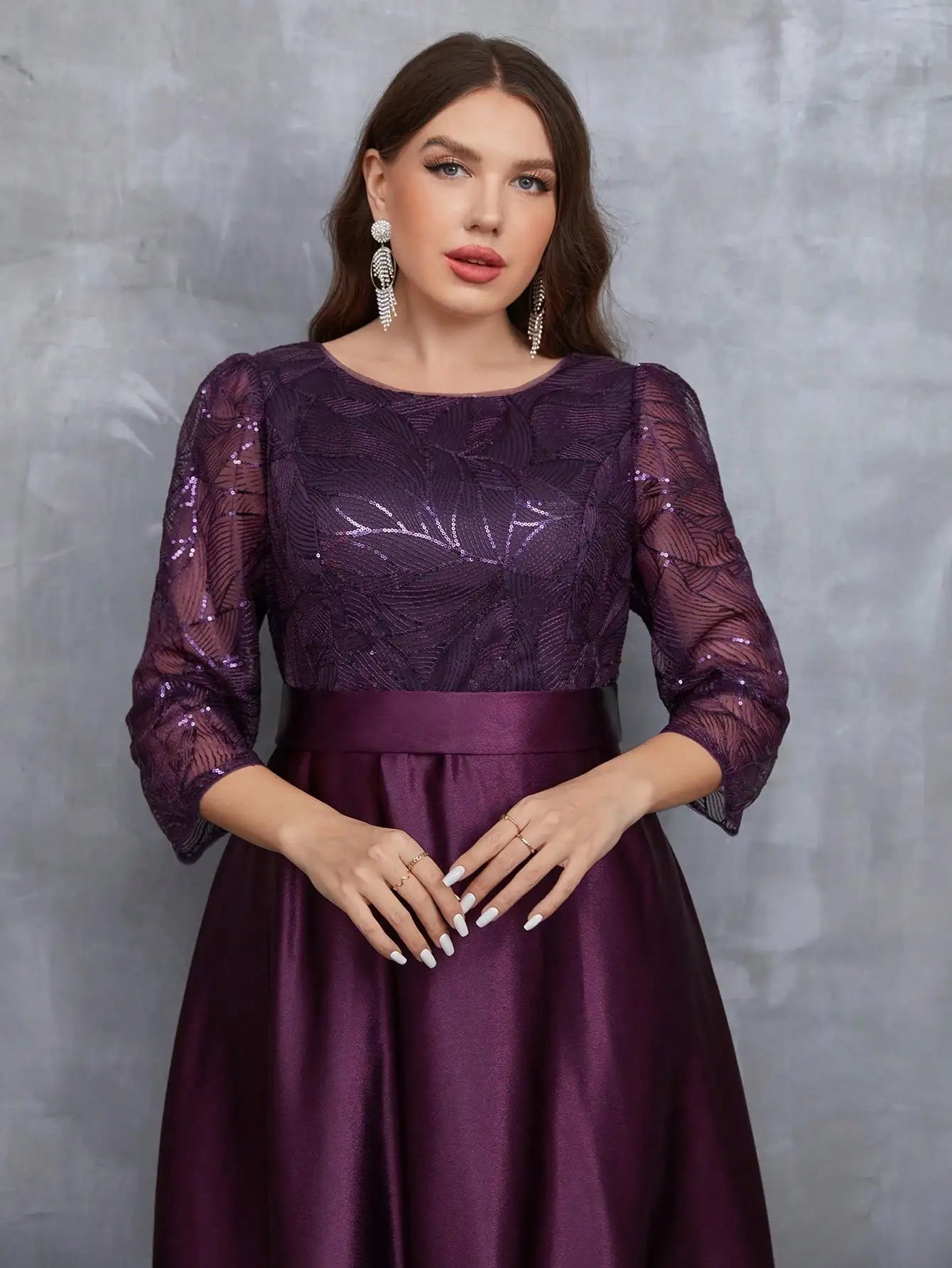 Elegant Lace and Satin Gown with Three-Quarter Sleeves