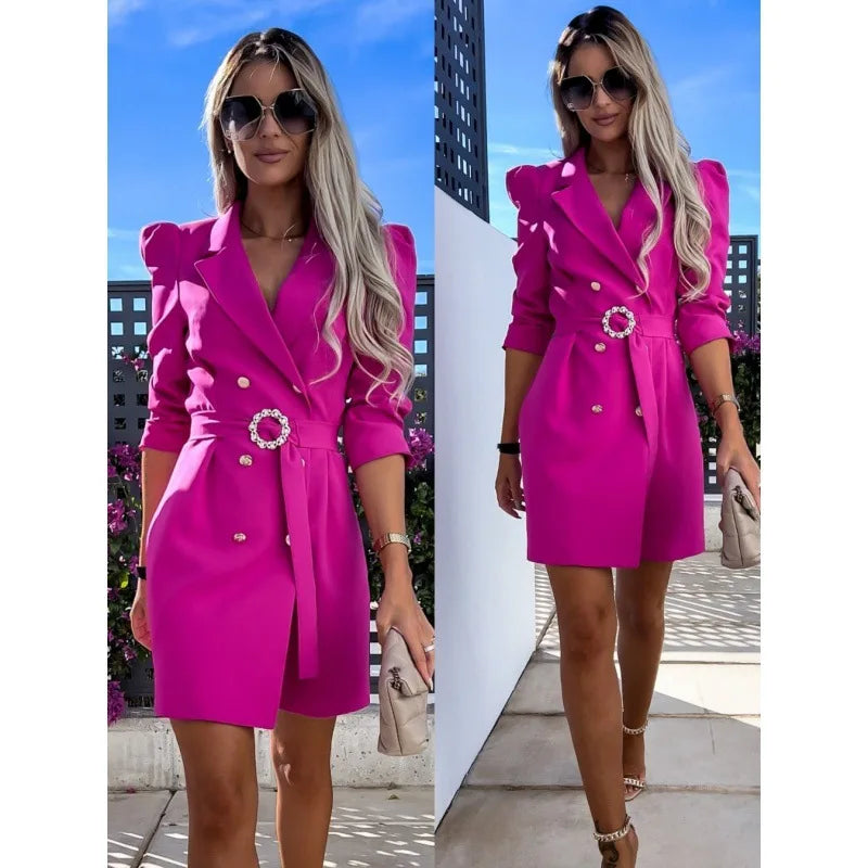 Suit Jacket Dress With Double Breasted Buttons And Belt V-neck