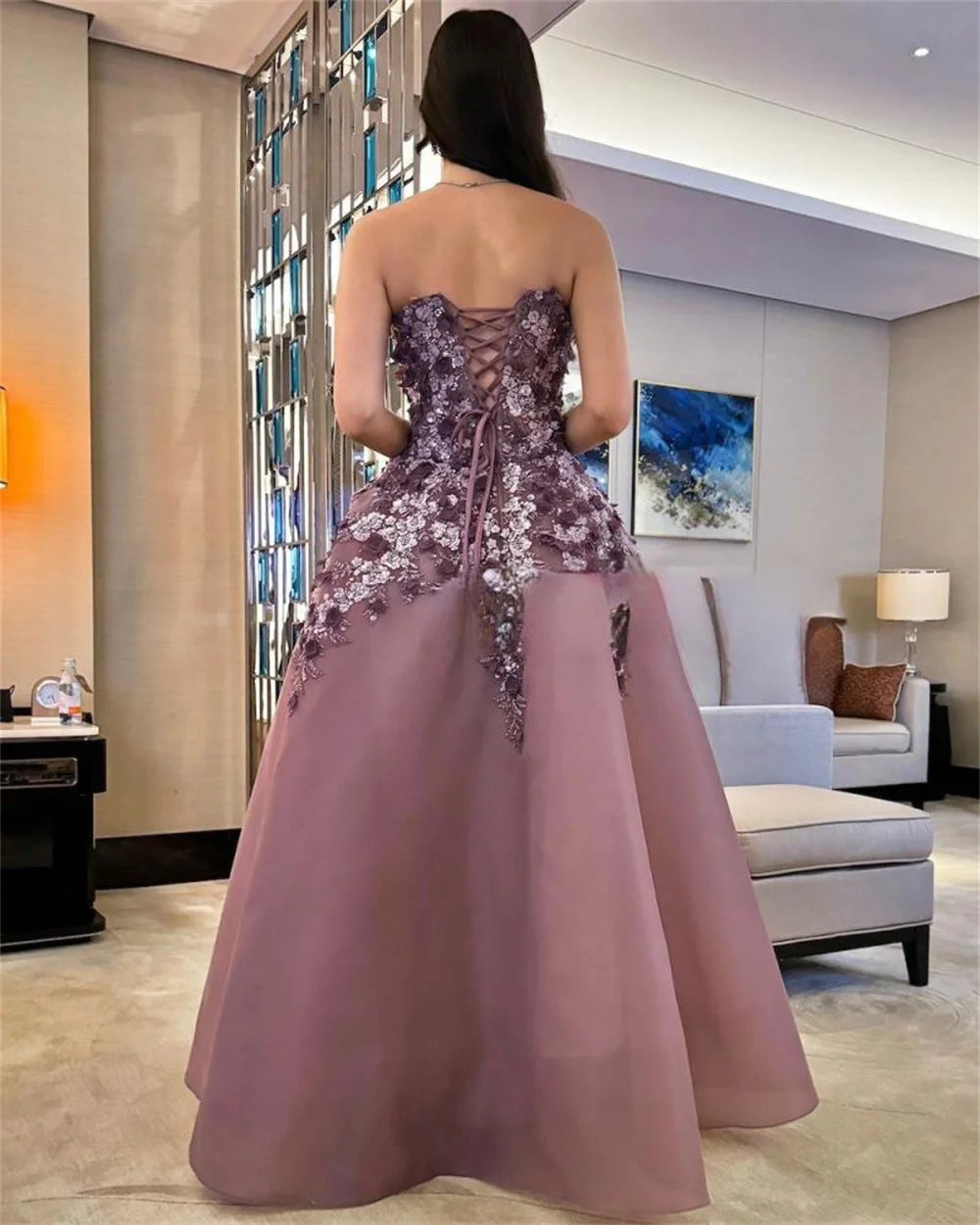 Elegant Floral Appliqué Ball Gown in Soft Purple