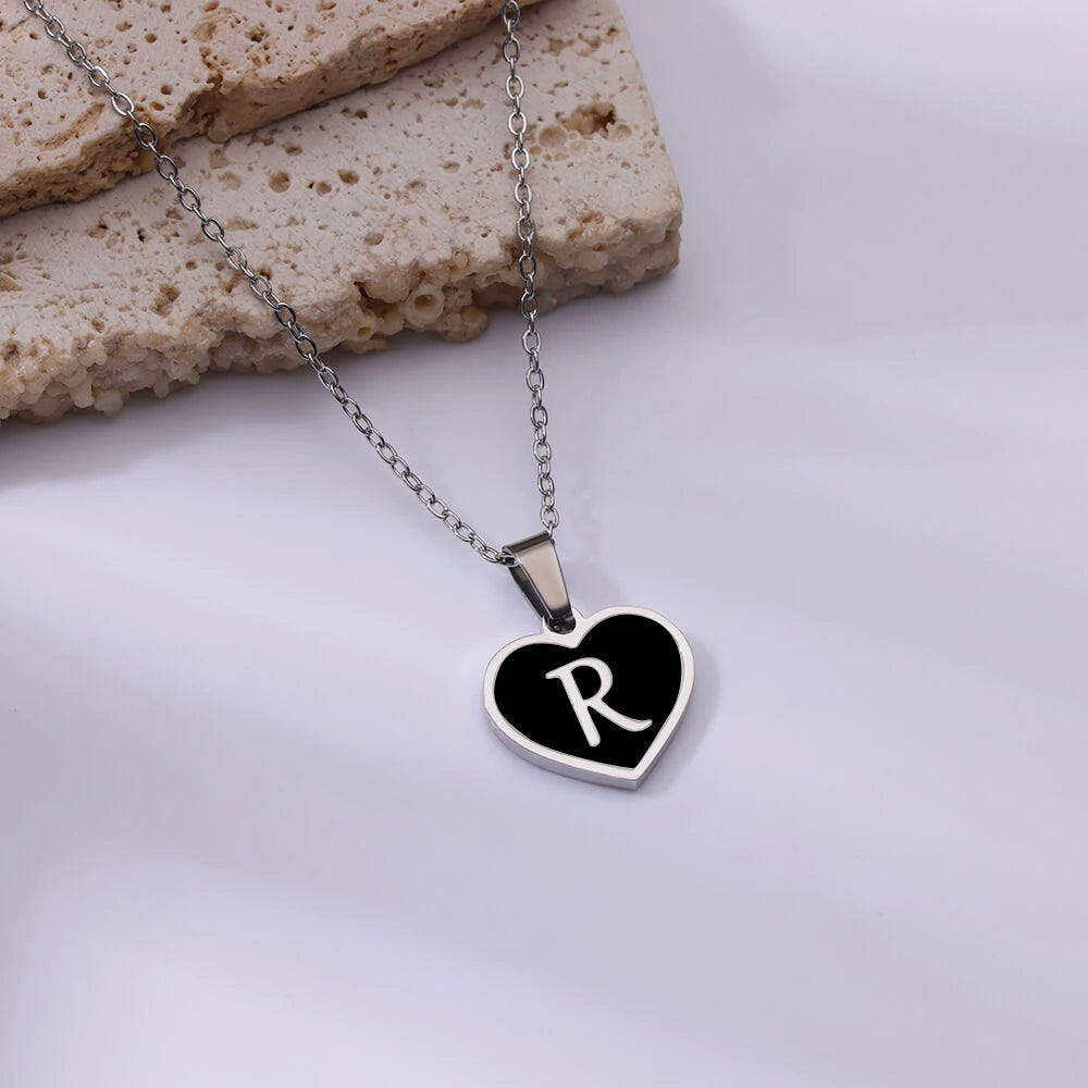 Vintage Black Heart Initial Letter Necklace