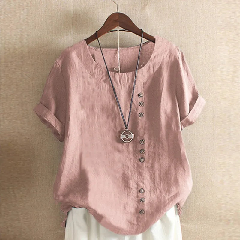 Women's Casual Summer Cotton Linen Loose Fit Blouse with Short Sleeves