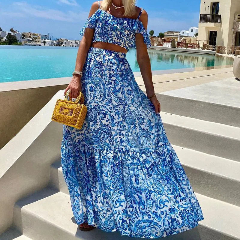 Chic Summer Style: Blue Paisley Two-Piece Ensemble by the Pool