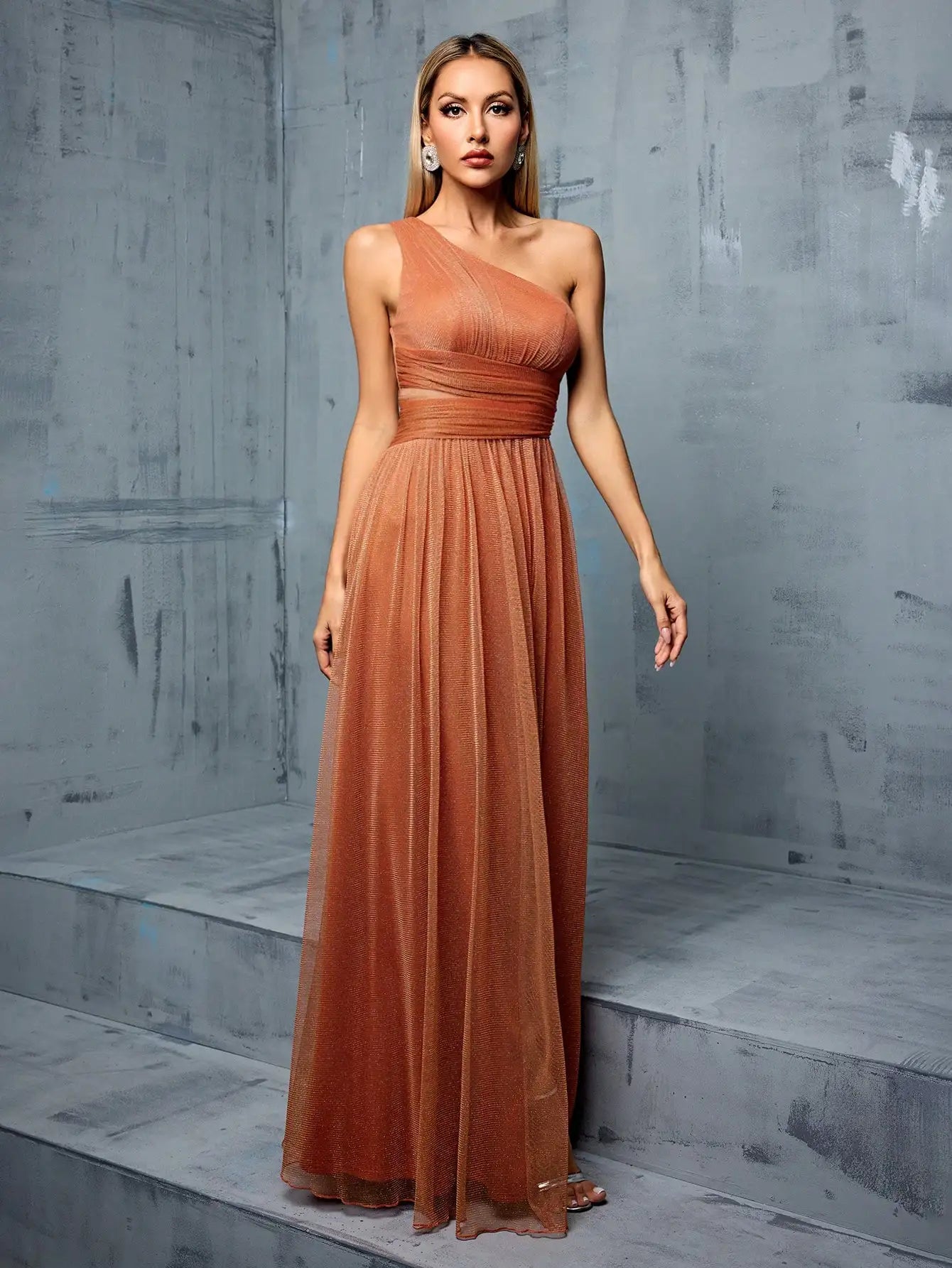 Beautiful One-Shoulder Shimmering Rust Evening Gown