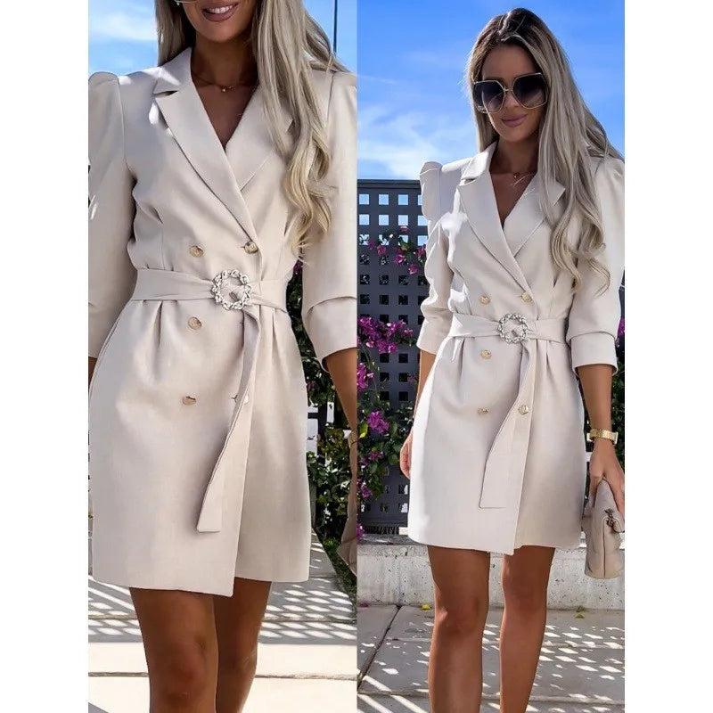 Suit Jacket Dress With Double Breasted Buttons And Belt V-neck
