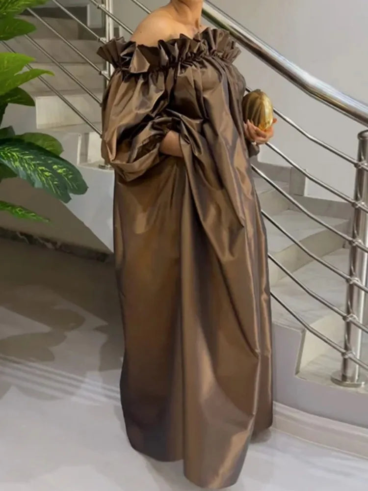 Off-Shoulder Brown Puff Sleeve Dress