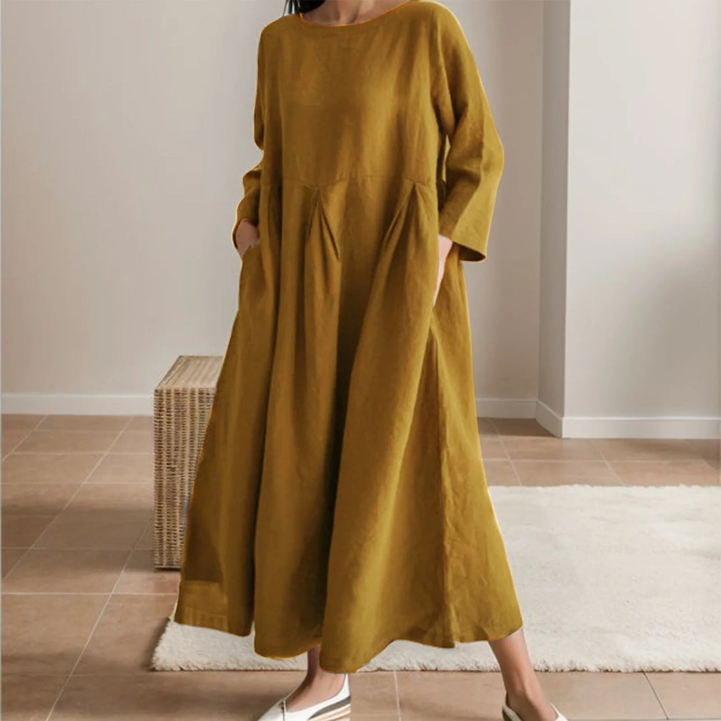 Timeless Elegance: Effortless Neutral Midi Dress in a Modern Setting