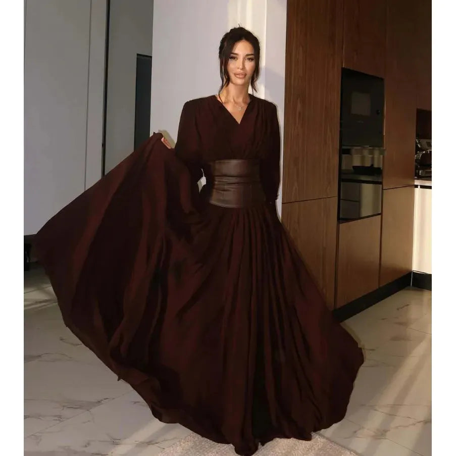 Elegant Black Gown with Waist Belt and High Slit