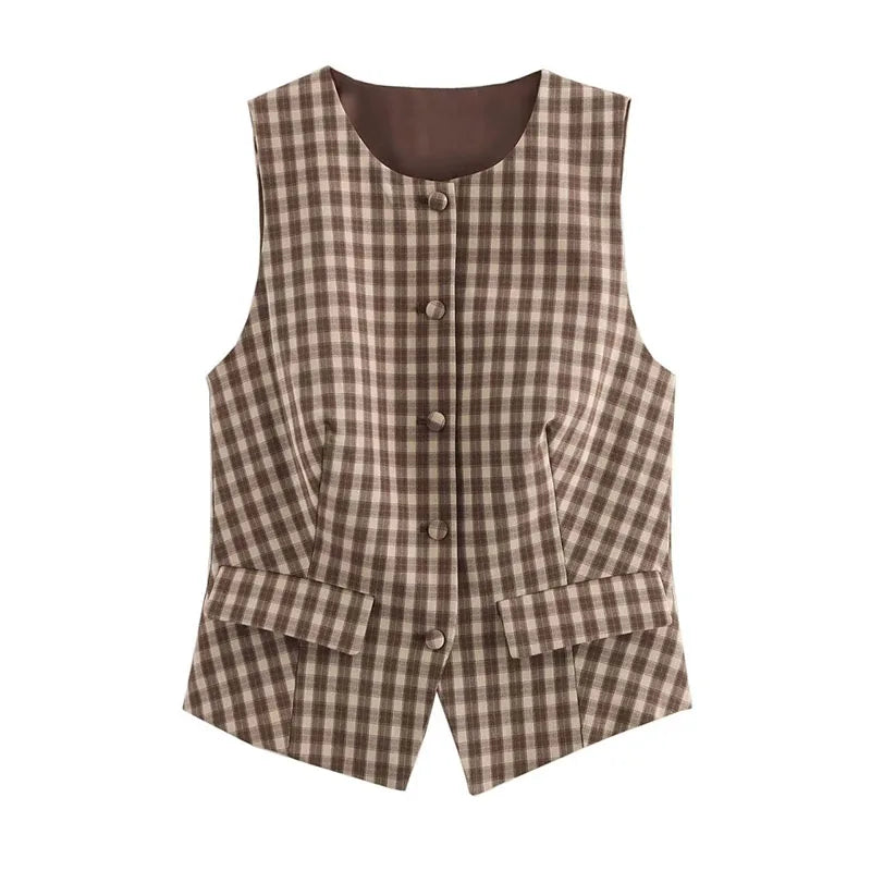 Chic Brown Checked Vest and Mini Skirt Set