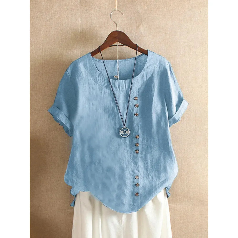 Women's Casual Summer Cotton Linen Loose Fit Blouse with Short Sleeves