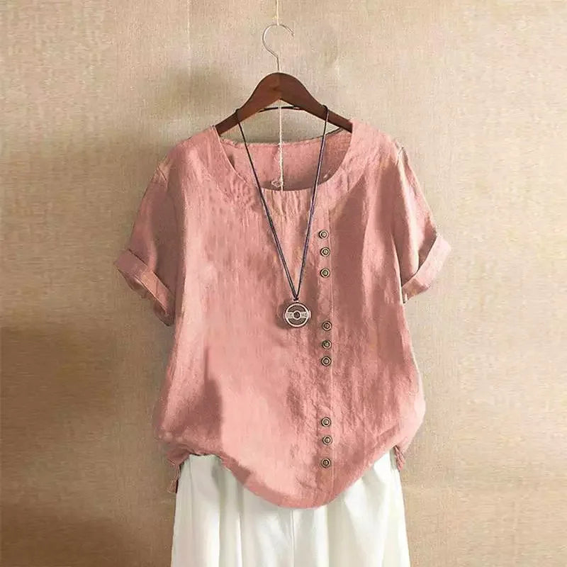 Women's Casual Summer Cotton Linen Loose Fit Blouse with Short Sleeves