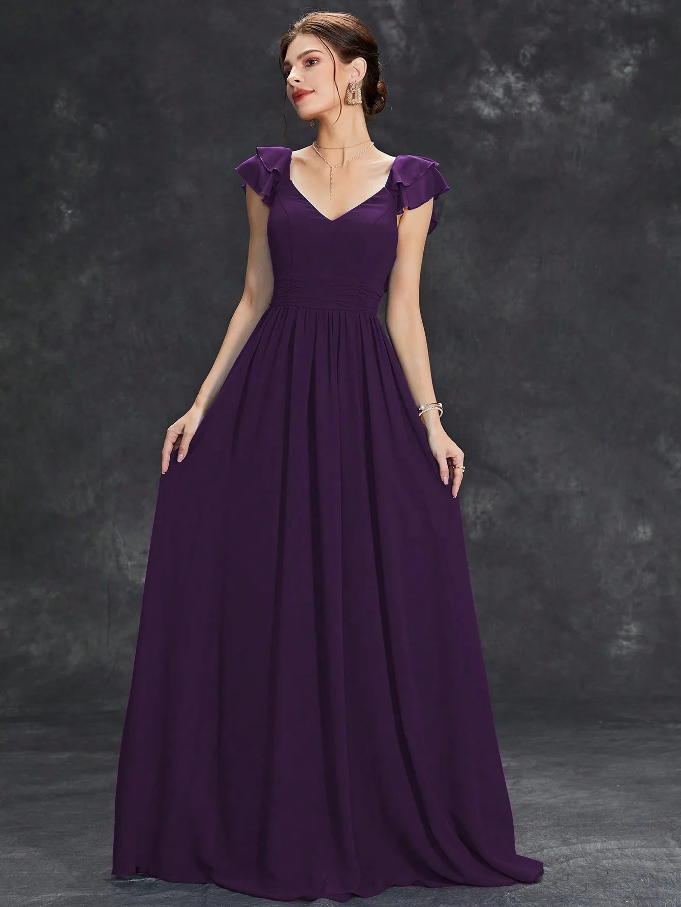 Elegant Deep Blue V-Neck Gown with Flutter Sleeves