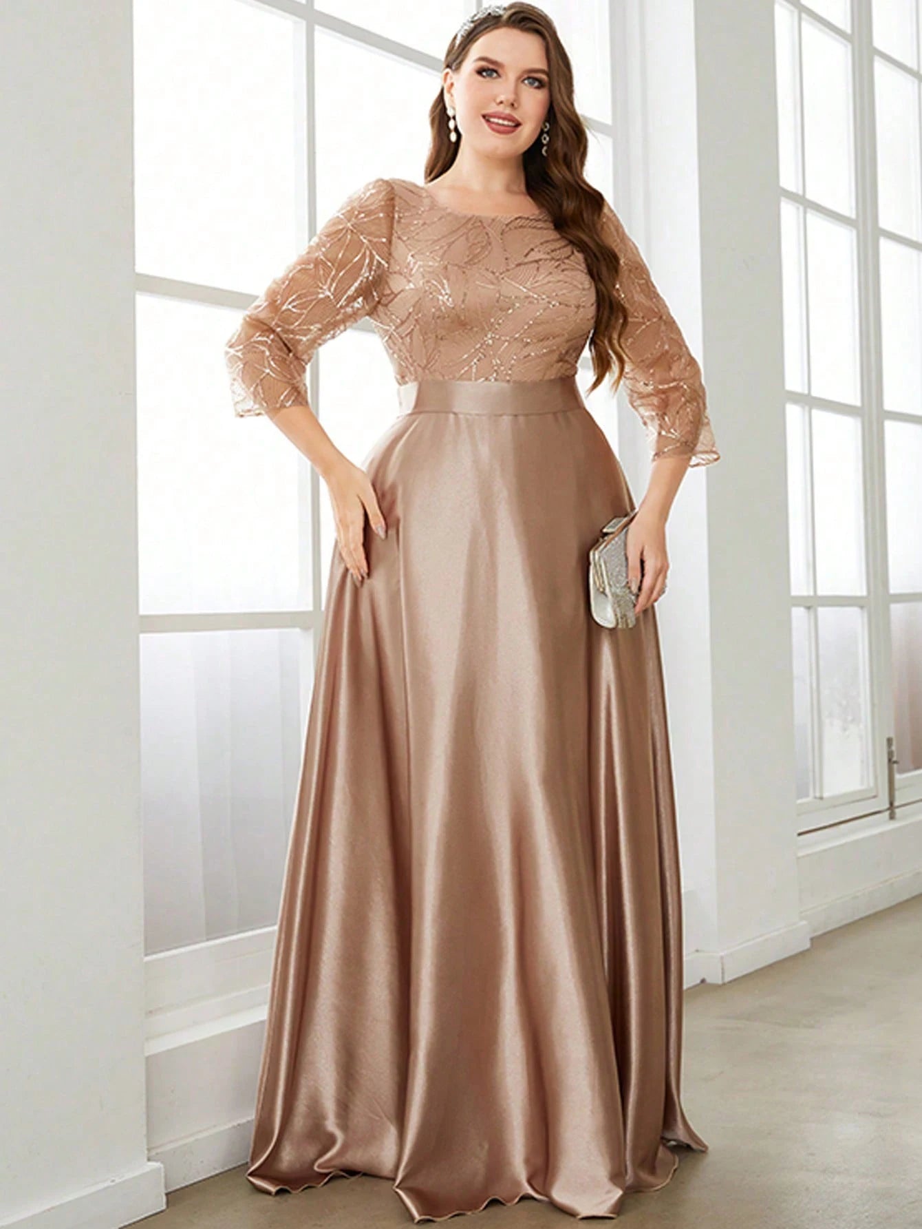 Elegant Lace and Satin Gown with Three-Quarter Sleeves