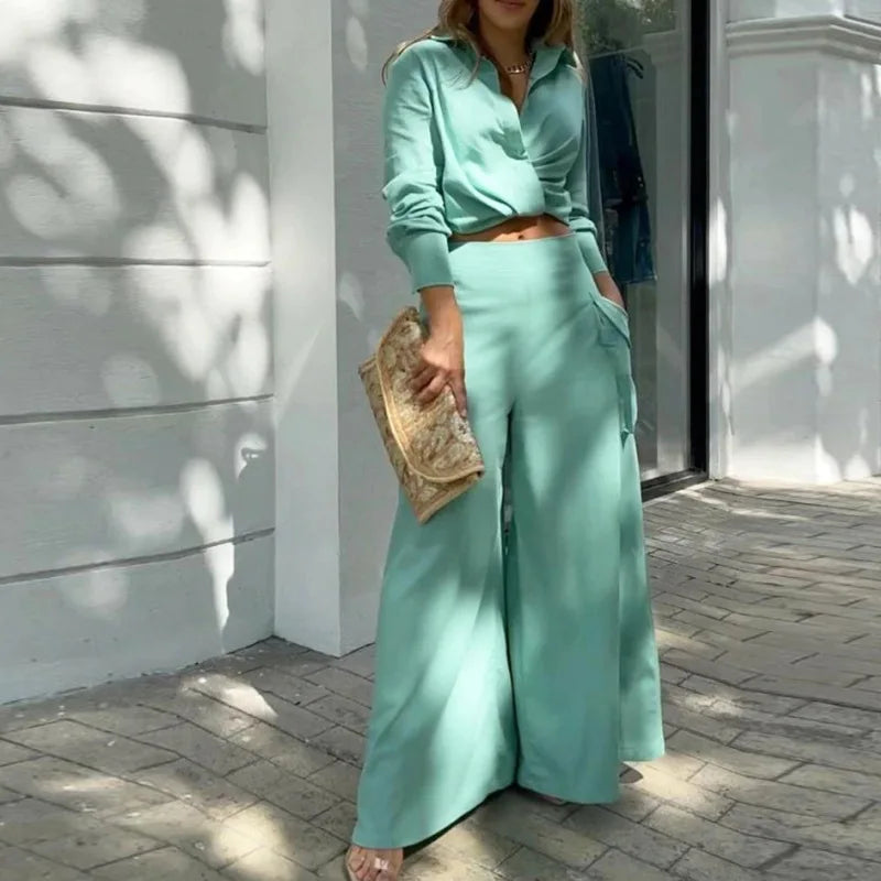 Women Blouse Pants Sets Crop Top Two Pieces Sets