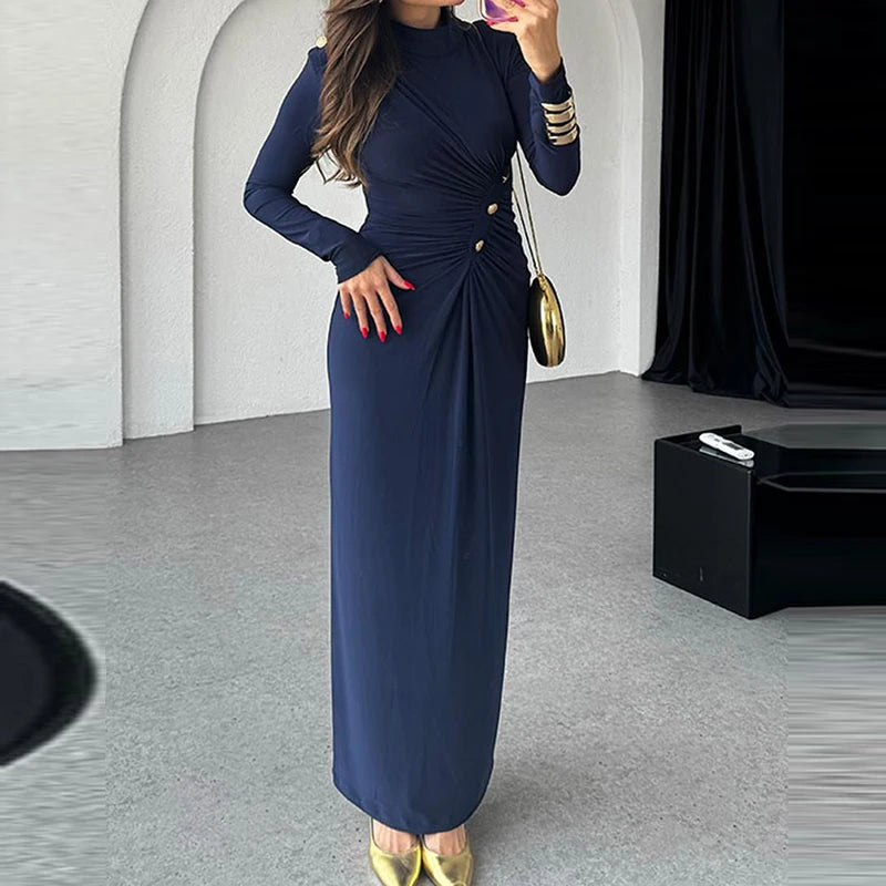 Elegant Long Sleeve Draped Maxi Dress