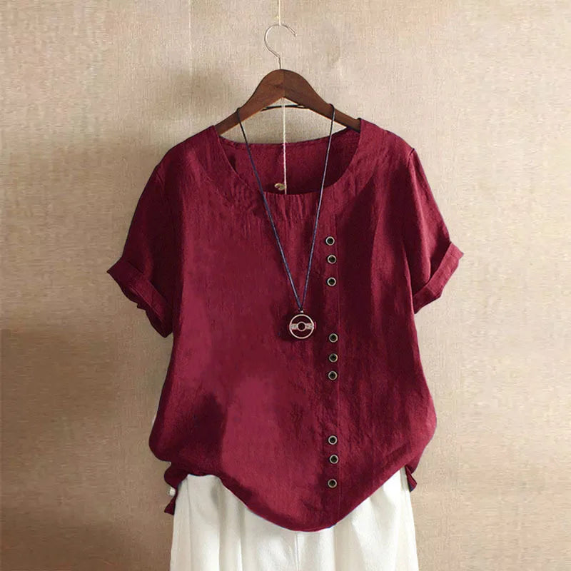 Women's Casual Summer Cotton Linen Loose Fit Blouse with Short Sleeves