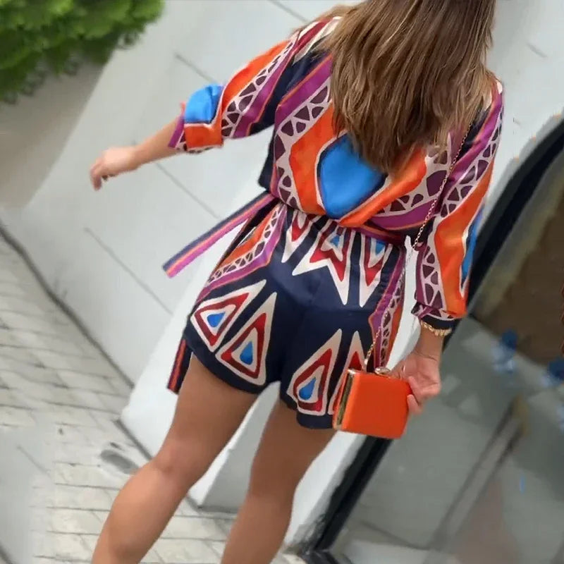 Retro Printed Long Sleeve Single Breasted Button Shirt Top A Line Mini Skirt Sets