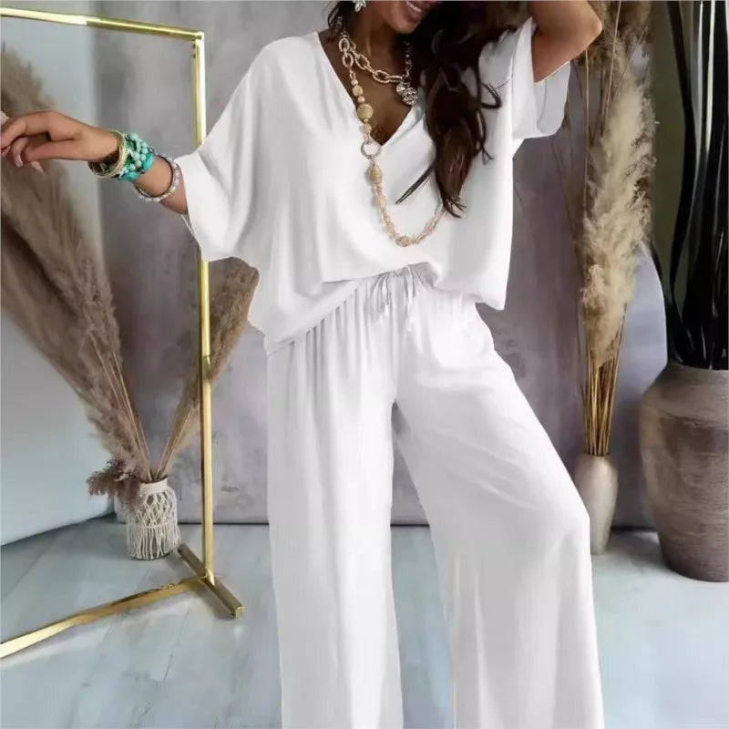 V neck Bat Sleeve Casual Loose Wide-leg Pants 2 piece