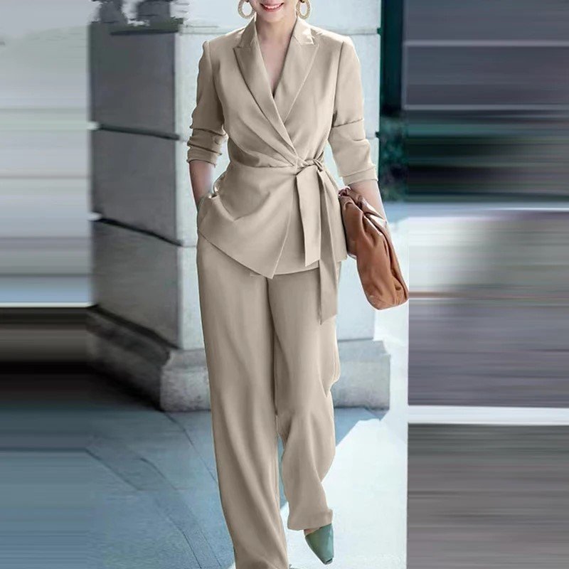Stylish Blazer with Belted Waist and Wide-Leg Pants