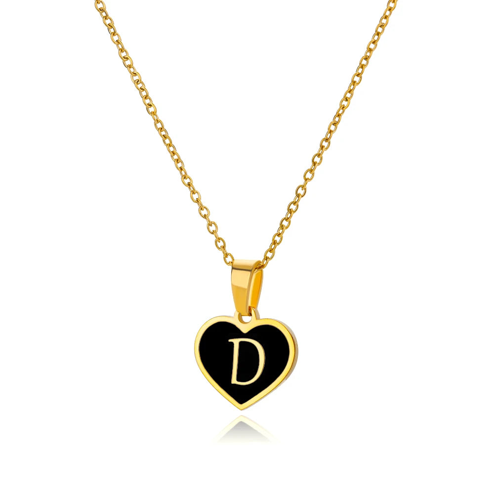 Vintage Black Heart Initial Letter Necklace